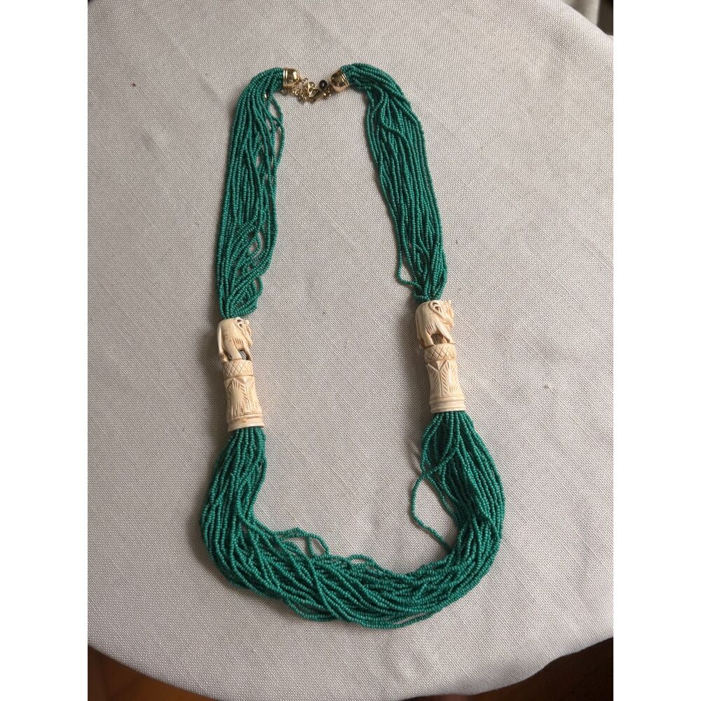 Elephant Multi Strand Seed Bead Necklace Teal Green Boho Statement Vintage